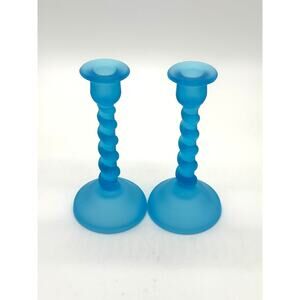 Candle Holders Vintage Tiffin Sky Blue Satin Glass Candlesticks Pair 8.5”H x 4”W